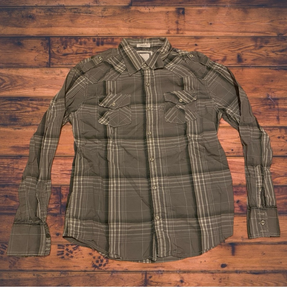 bke Buckle Grey Buffalo Plaid Flannel Print Shirt Casual Button Up Down